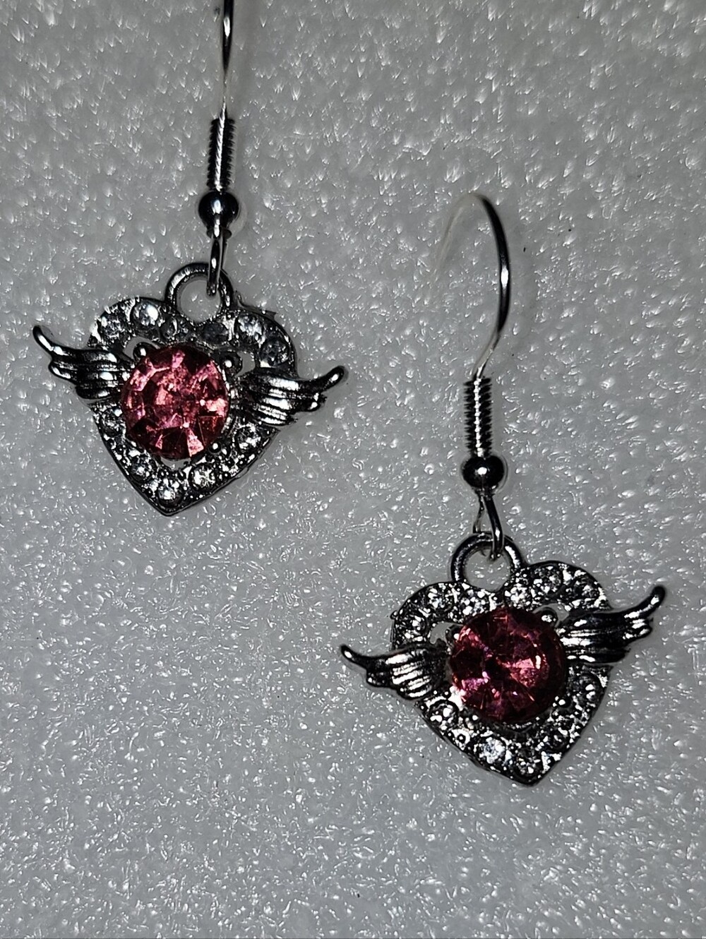 Hand Crafted Pink Crystal Winged Heart Drop Earrings